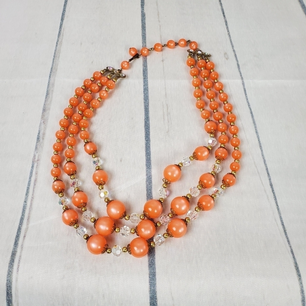 Vintage Pearly  Orange Tri Strand Bead Necklace